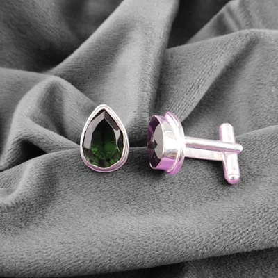 Grüne Turmalin Paar Manschettenknöpfe 925 Silber Schmuck Juwel Pear Stud - Bild 1 von 2