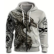 Men's Dragon Hoodie All Over Print Dark to Light Black Silver Size 3XL