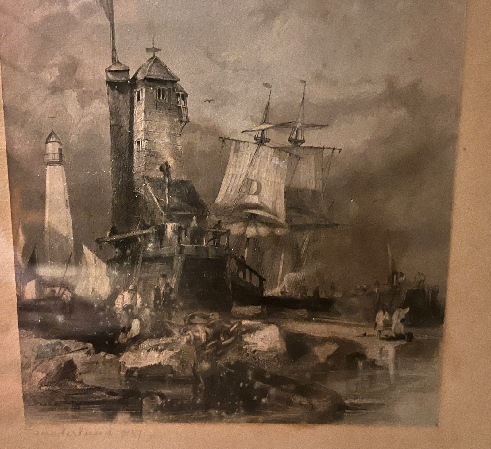 1837 Sunderland Lighthouse South Pier Etching Print Antique Framed 29cm image 5
