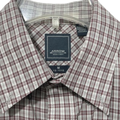 Arrow Shirt Mens Medium 15-15.5 Red Plaid Cotton Blend Long Sleeve Dress Shirt