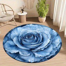 1pc Blue Rose Round Mat - Large Floral Pattern, Soft Blue and White Petals, Non-
