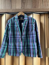 Anne Klein (Size XL) Plaid Preppy Blazer Academia Green Blue - NEEDS BUTTON