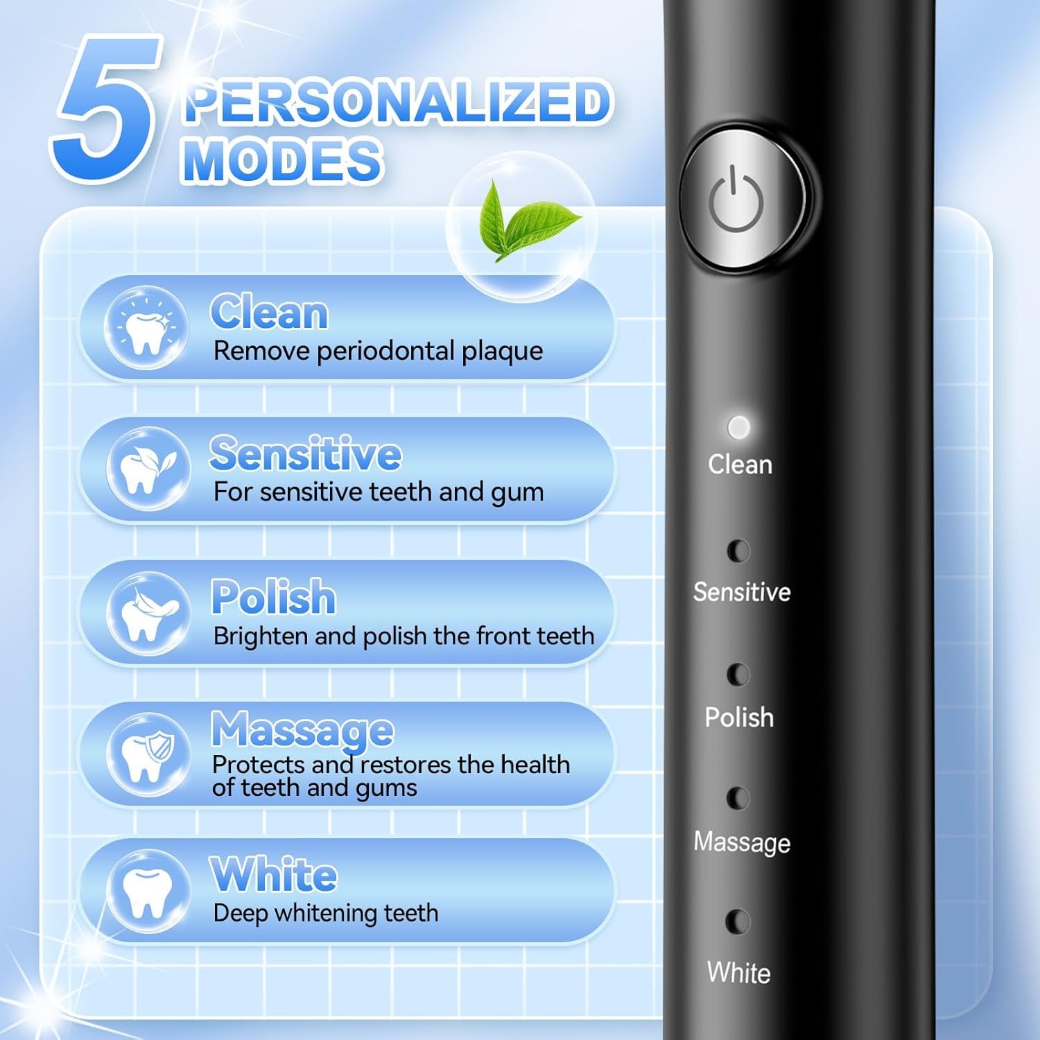 Electric Toothbrush Sonic Toothbrush USB Rechargeable 6 Heads 5 Modes + Scraper