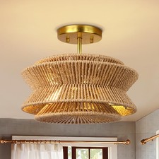 Boho Light Fixture,Farmhouse Semi Flush Mount Ceiling Light Fixture,Rattan Li...