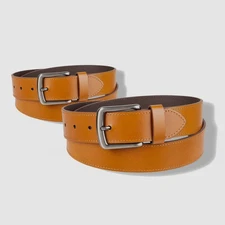 Club Room Men's Brown Square-Buckle Cut-Edge Stitched Leather Belt 2-Pack Sz XL