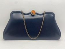 VTG Black Faux Leather Hinged Clutch Evening Purse Chain Handle