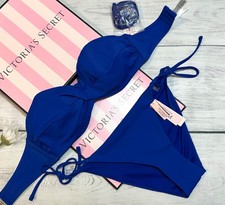 Victoria's Secret Swim Twist Front Strapless Bandeau Tie Bikini Set Blue Oar