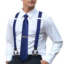 Men's Suspenders and Tie Set Silk Adjustable Elastic Y Braces with A Navy Blue