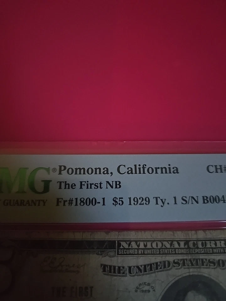 1929 $5 National Bank Pomona, California CH# 3518 PMG 12. rare 12 examples known - Image 2 of 3