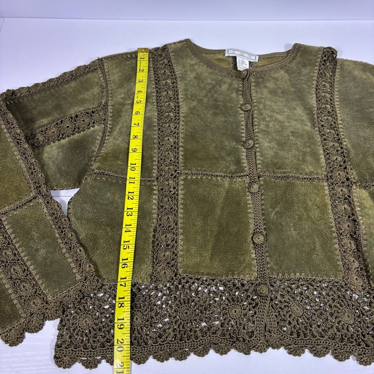 Vintage SMH Olive Leather Jacket with Crochet Trim Size Large C2 View 4
