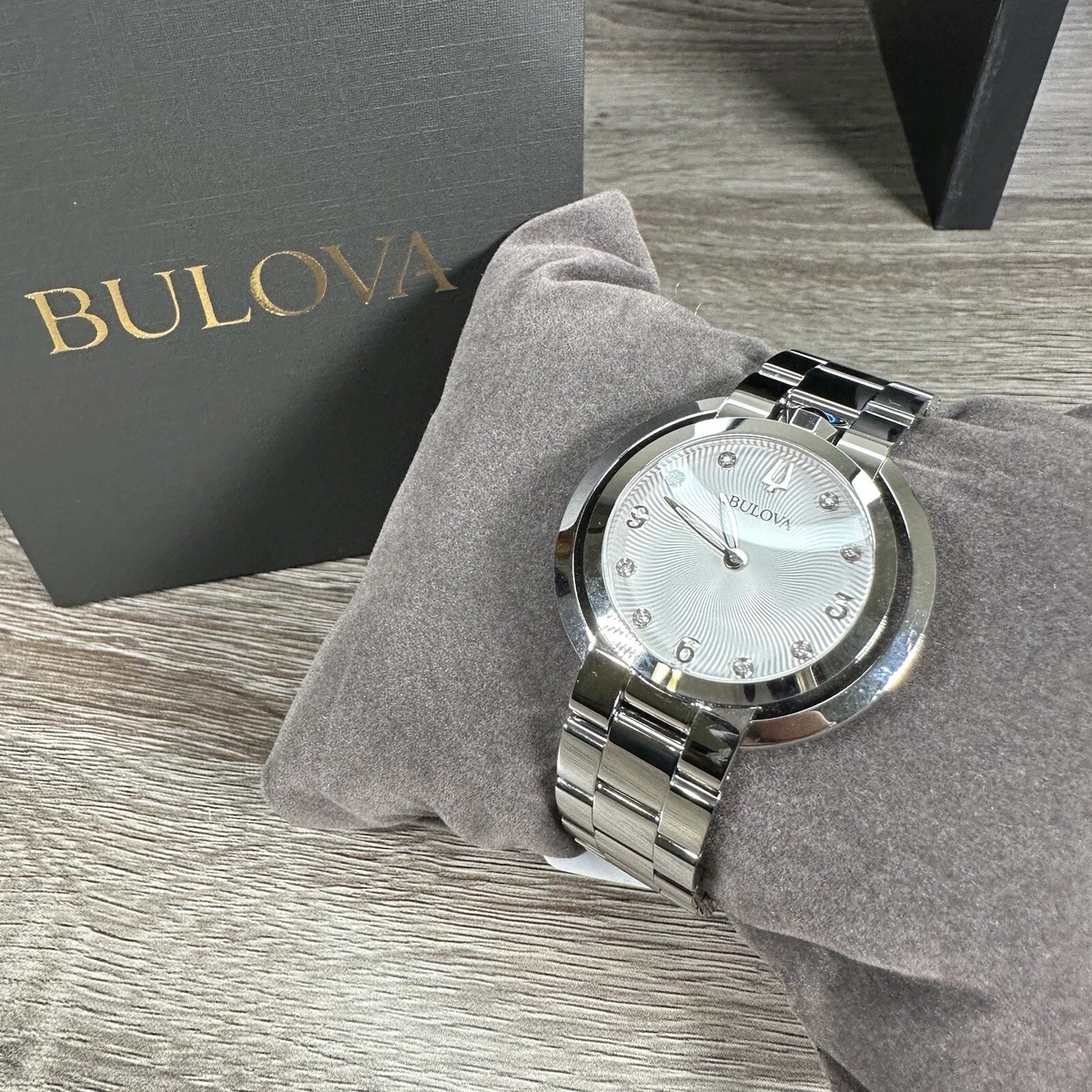 NEW Bulova Women s Quartz Rubaiyat Diamond Sapphire Crystal Watch 35MM 96P184