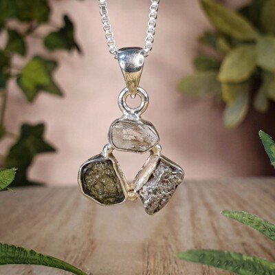 Authentic Moldavite, Herkimer Diamond, Campo del Cielo Raw Silver Pendant