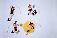 4~Halloween~Vintage~PinUp Girl~FussyCut~Linen Cardstock~Gift~Hang~Tags~Ornaments