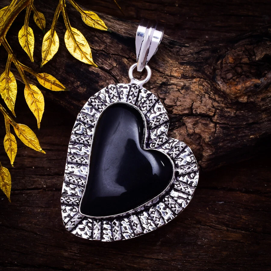 Bonito Ónice Negro Corazón Piedra 925 Plata de Ley Hecho a Mano Colgante - Imagen 3 de 4