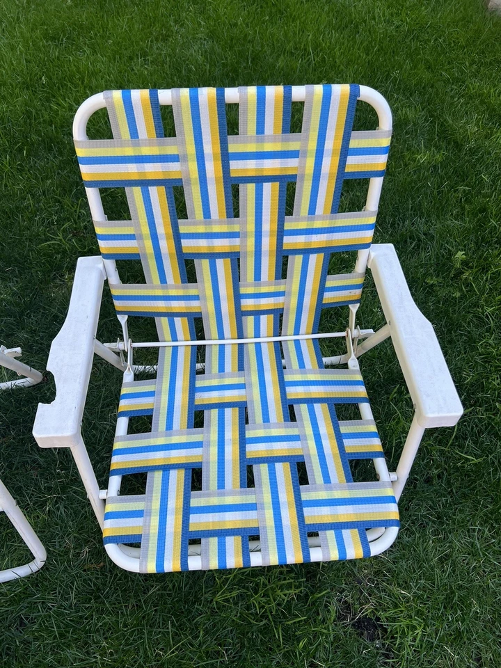 2 Винтажный складной газон стулья с желтый, белый, синий лямки лагерь патио пляж - Изображение 4 из 4