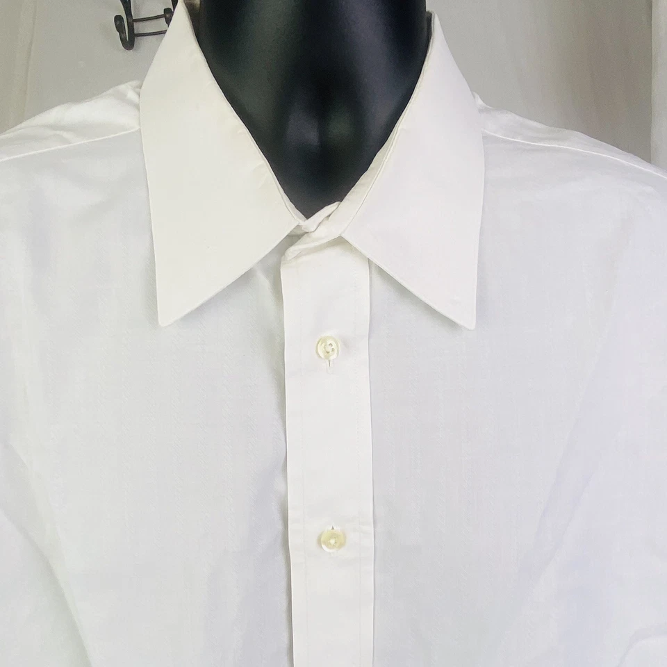 Tom James Poplin Shirt LS Spread Collar White Fine Cotton Jacquard Stripe As Is - Image 2 of 4