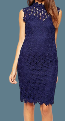 Paper Dolls High Neck Pencil Dress in Crochet Lace Navy Size UK