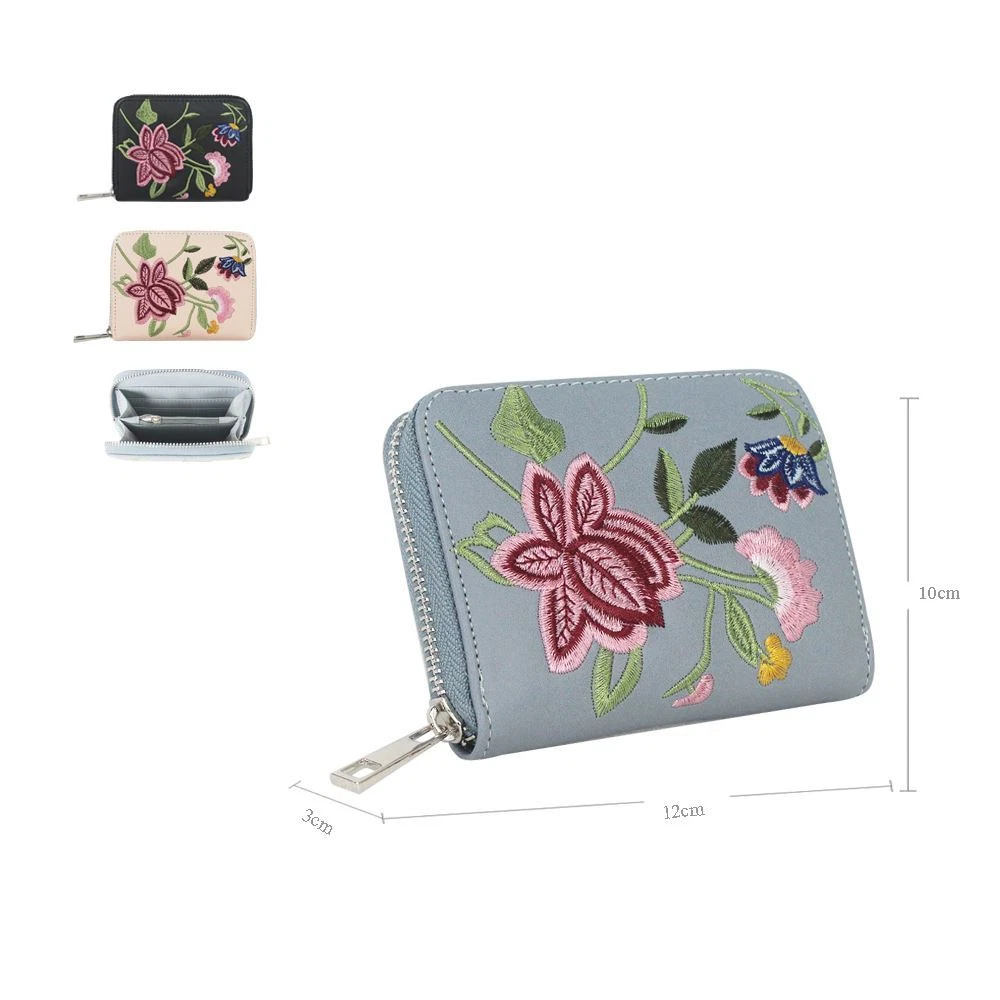 PU Small Wallet Quilted Detail Flower Decor Zipper