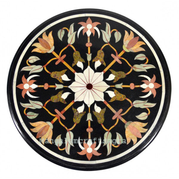 24-Inch Marble Coffee Table Top with Semi-Precious Stone Pietra Dura Inlay Decor  