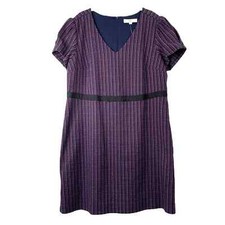 NEW LOFT tweed sheath v neck dress Sz 16 blue pink career short sleeve fall