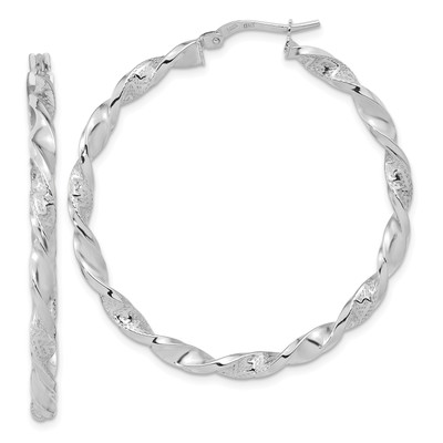 Avariah 14k White Gold Polished and Textured Twisted Hoop Earrings