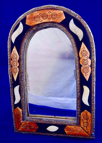 Vintage Moroccan Mirror Bone Inlaid Embossed Wall Mantel Handmade 11" x 7.25”