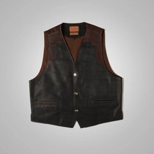 Men's Buffalo Leather Vest Black Brown Western Cowboy Style Waistcoat Vintage