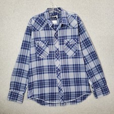 VINTAGE Wrangler Men Button Up Shirt 16 Blue Plaid Western Cowboy Cut Pearl Snap