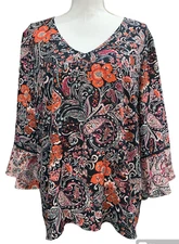 J Jill size Large Pink Orange Black Floral Paisley Blouse V-Neck Flutter Sleeve