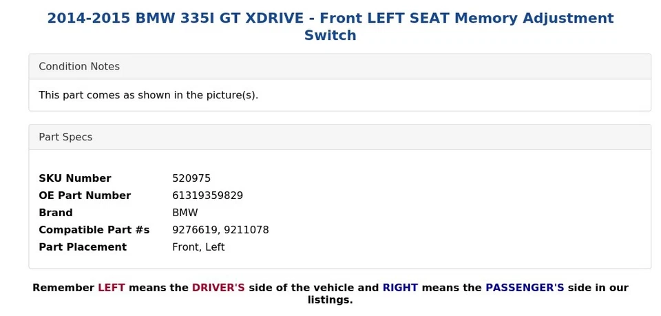 BMW 335I GT XDRIVE 2014-2015 - Interruptor de ajuste de memoria asiento delantero izquierdo Foto 4 de 4