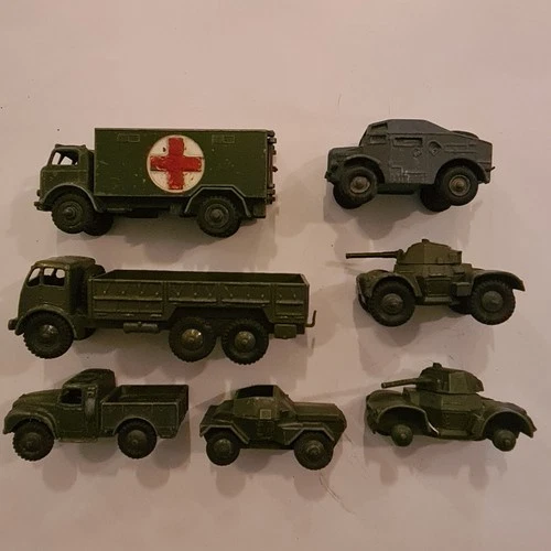 7 Vintage DINKY Military Models 10 Ton Army Truck,Ambulance,Armoured Cars   50's