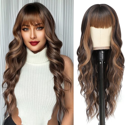 Brown Wigs with Bangs for Women Long Curly Wavy Hair Wigs Heat Resistant Synt...