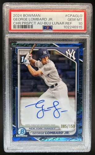 2024 Bowman George Lombard Jr. Chrome Auto Blue Lunar Refractor 1st #/150 PSA 10