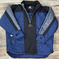 Vintage Starter Big Logo Embroidery Puffer Jacket XL Blue Black Pullover