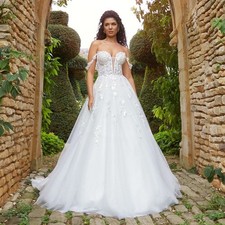 Lace Applique Wedding Dress Sweetheart Off Shoulder Tulle Sweep Train Bride Gown