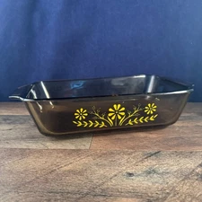 Amber Smoked Color Glass Loaf or Casserole Pan White Cornflower pattern