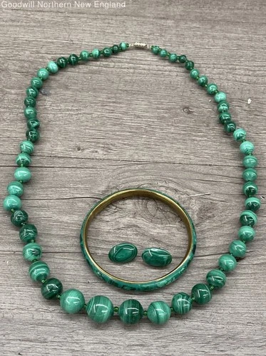 Vintage Green Malachite Stone Bead Necklace Studs Bangle Costume Jewelry Set