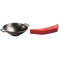Lodge BOLD 14" Seasoned Cast Iron Wok ASAHH41 w/ Silicone Assist Handle Red