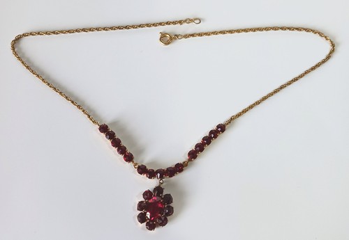 Vintage (Antique?) Gold-tone Necklace w/ Dark Red Rhinestone Flower & Lines