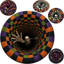 Halloween 3D Illusion Rug, Round Halloween Floor Mat with Pumpkin Ghost Skeleton