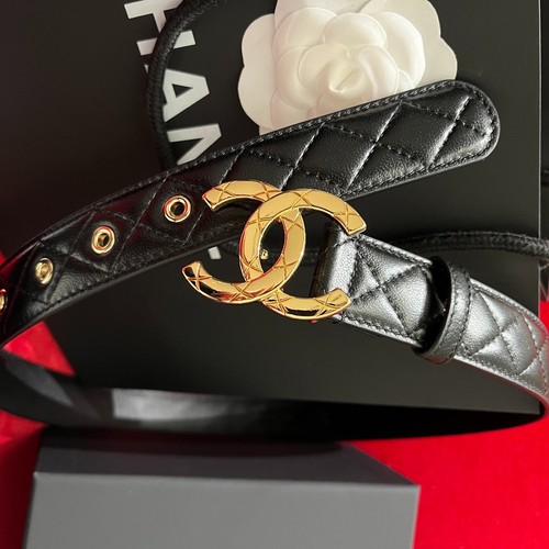 New CHANEL Belt Black Calfskin Leather Women's Belt Gold CC Buckle 30mm