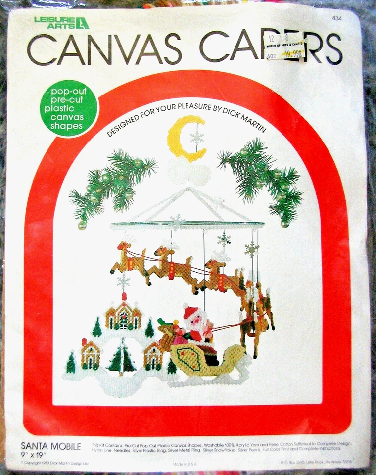 SANTA SLEIGH REINDEER Hanging Mobile Christmas PLASTIC CANVAS Kit NOS 1983 Vtg - Image 2 of 4