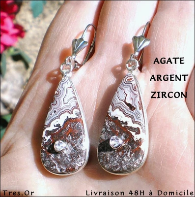 Boucles d'Oreille ARGENT 925 AGATE DENTELLE PIERRE NATURELLE Livrées 48H DOMICIL - Photo 1/4