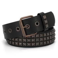 Women Men Rivet Studded Belt Row Pyramid Square Bead PU Faux Leather Punk Rock