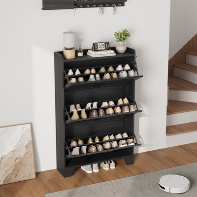 Freestanding Farmhouse Shoe Organizer 3 Flip Drawers & 2 Hooks, Narrow Cabinet