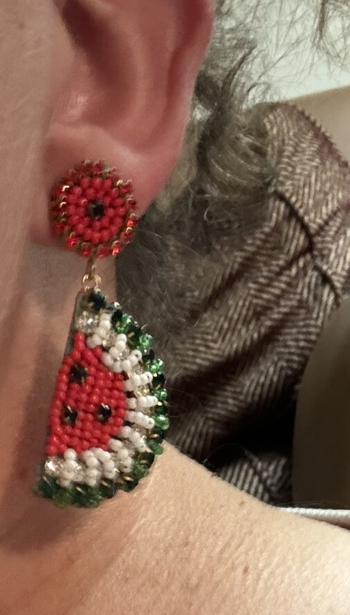 Artisan Watermelon Dangle Earrings Rhinestone Bea… - image 4