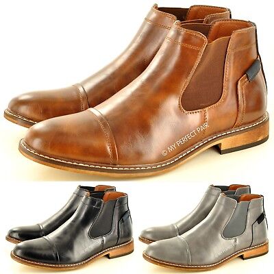 My Perfect Pair Mens Italian Style Leather Lined Slip On Round Toe Formal Brogue Ankle//Chelsea Boots