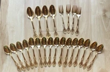 Springtime Gold Electroplate Teaspoons Forks Mix Lot 24 Pc Japan Stainless