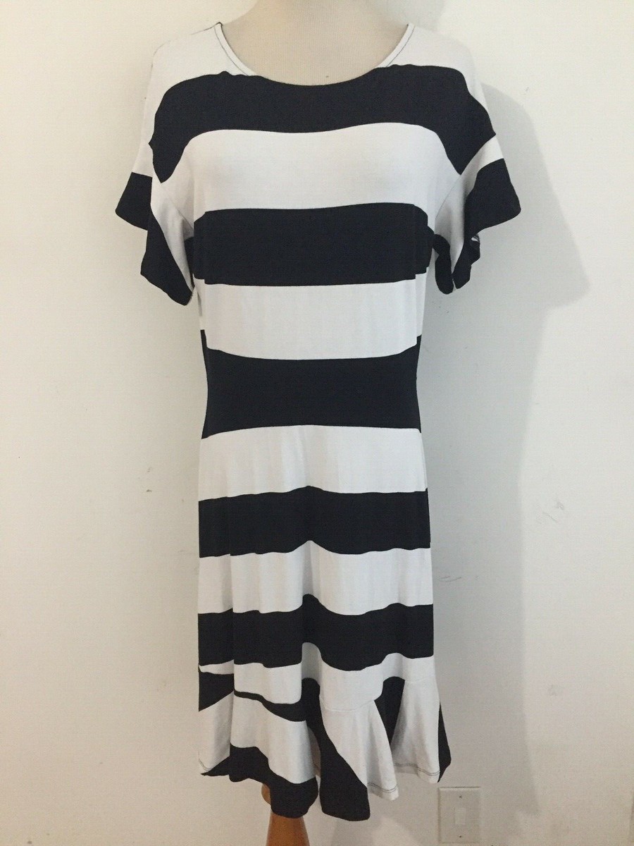 Ann Taylor LOFT Flounced Short Sleeve Sheath Dress Black & White Stripe  Size 6