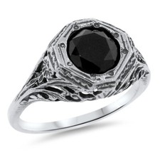 BLACK AGATE VINTAGE DESIGN 925 SOLID STERLING SILVER SOLITAIRE RING   1200X